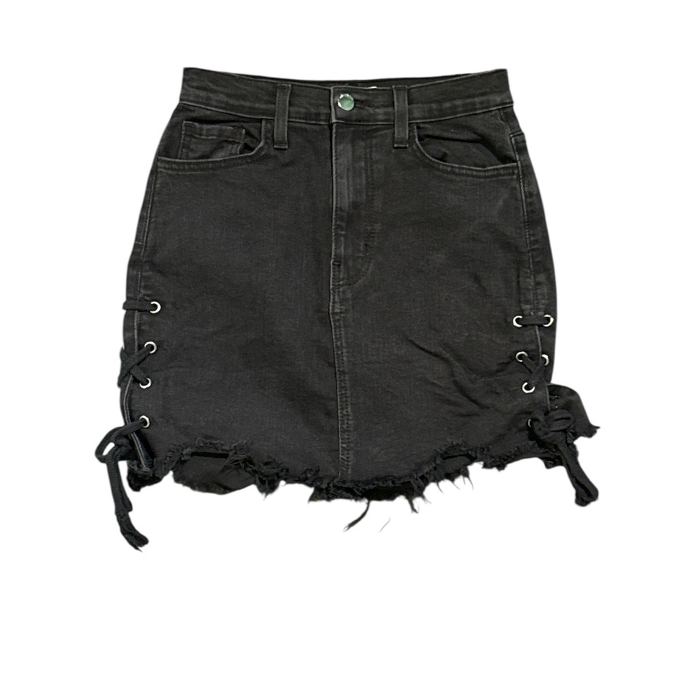 Vibrant black denim y2k mini skirt with lace up details